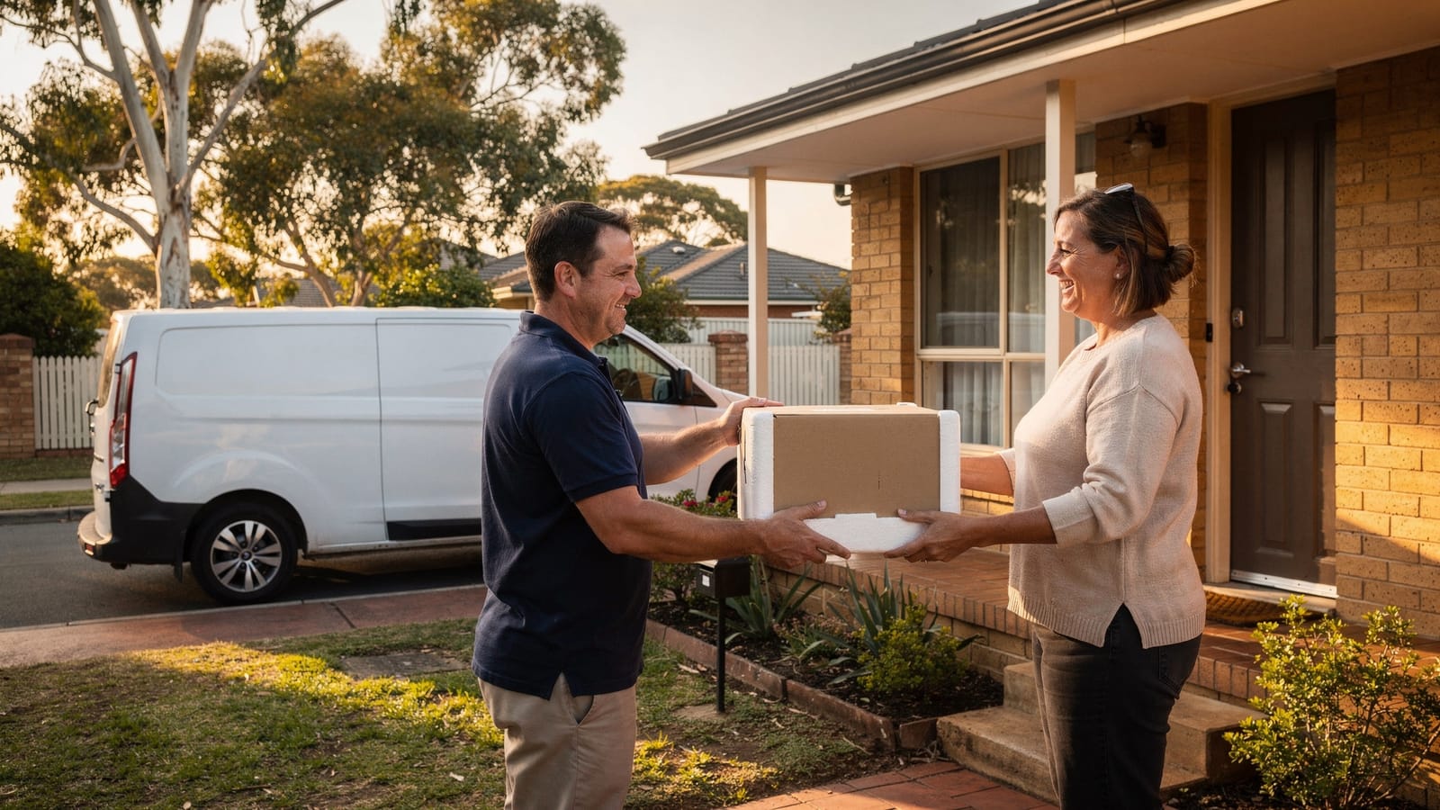 A delivery driver in a navy polo hands a foam-lined box to a smiling woman outside a brick home, with a white van parked behind.