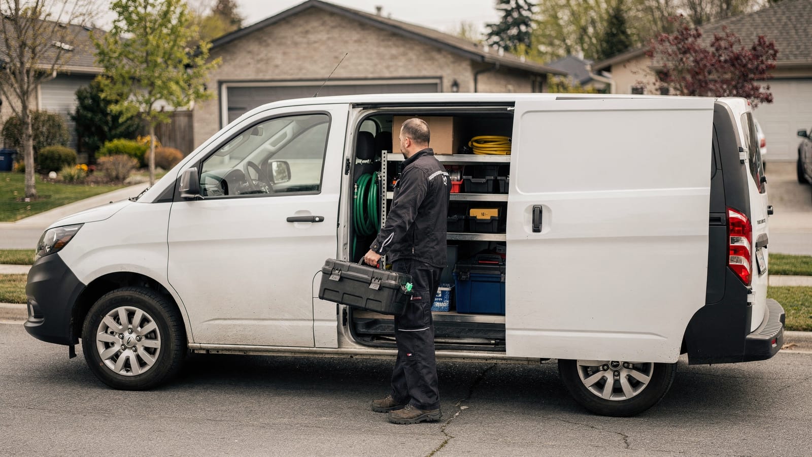 A service technician in dark work clothes carries a toolbox toward the open side door of a white van on a quiet suburban street.