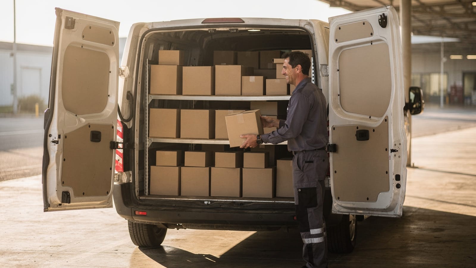 A smiling delivery driver slides a cardboard carton onto shelves stacked with boxes inside a white van with its rear doors open at a depot.