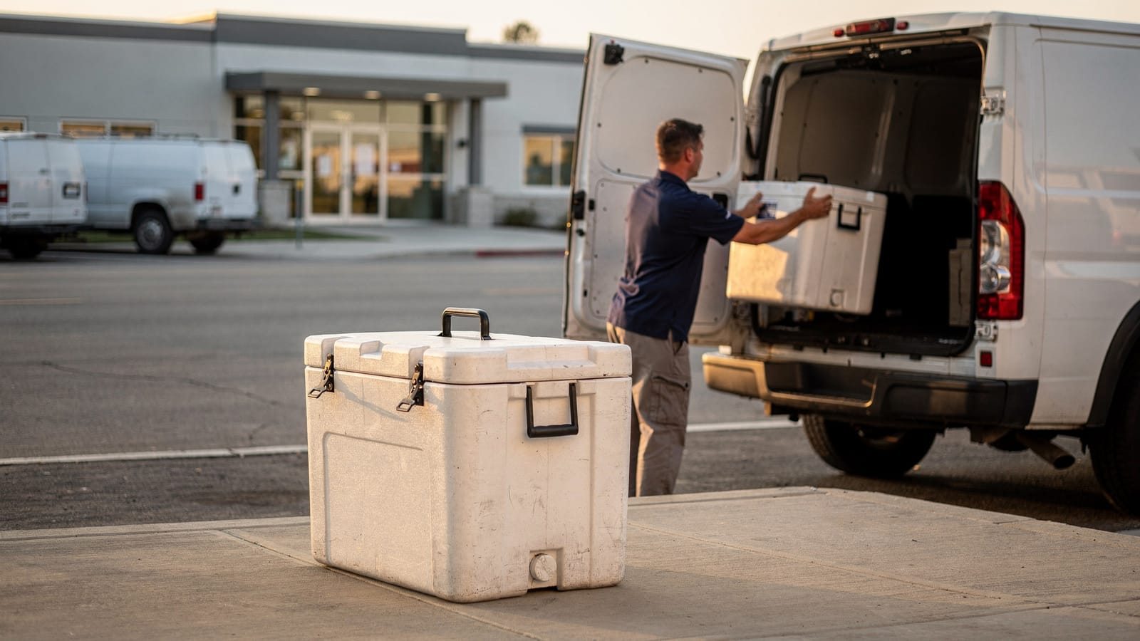 A courier in a navy polo loads an insulated cooler into a white van's cargo area, with another cooler resting on the pavement nearby.