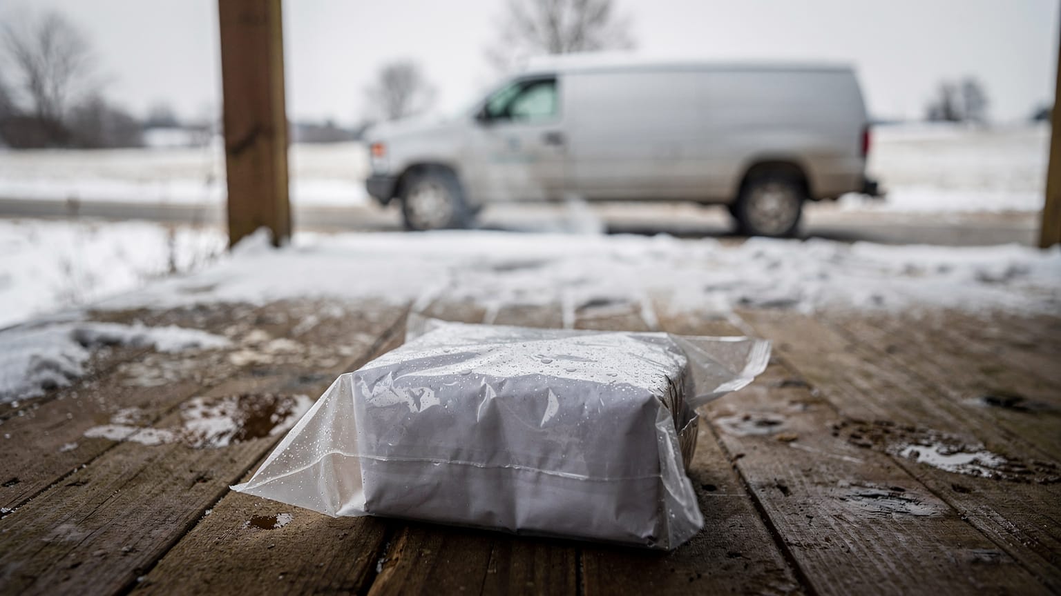 A parcel sealed in a wet plastic bag rests on a snowy wooden porch while a white delivery van waits on the drive beyond.