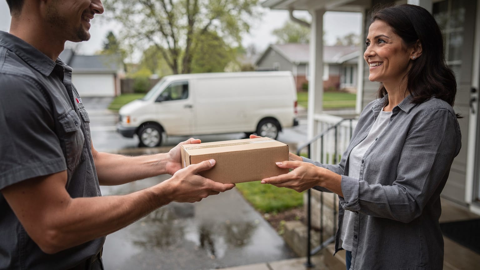 A delivery driver hands a cardboard parcel to a smiling woman on her front porch, with a white van parked on the wet residential street behind.