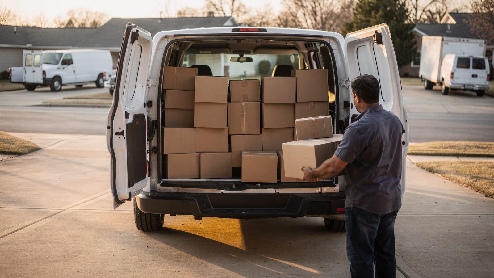 A man lifts a cardboard parcel into the open rear doors of a white cargo van stacked with boxes in a suburban driveway at dusk.